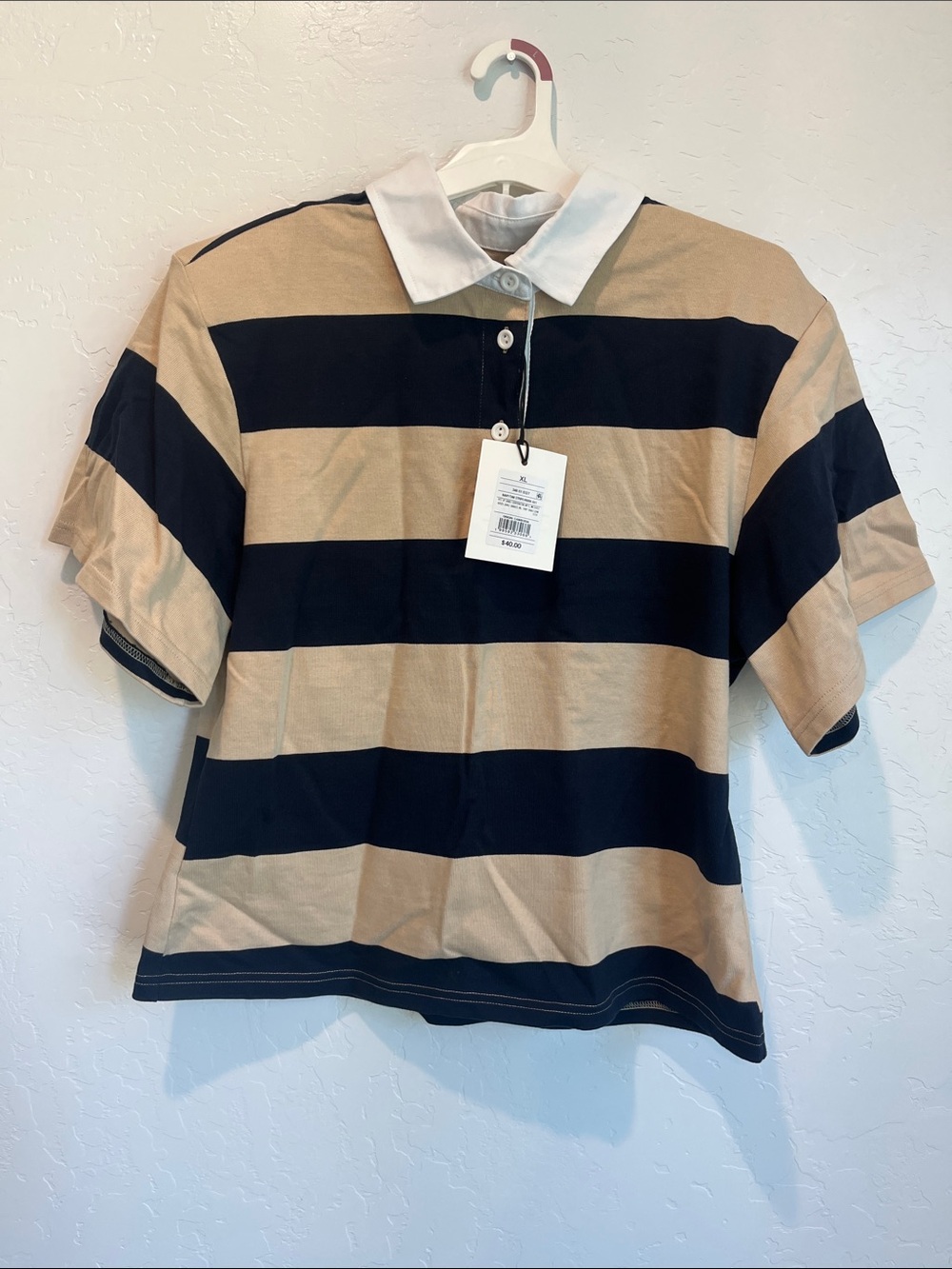Striped Polo Top in Black and Tan with padded shoulders